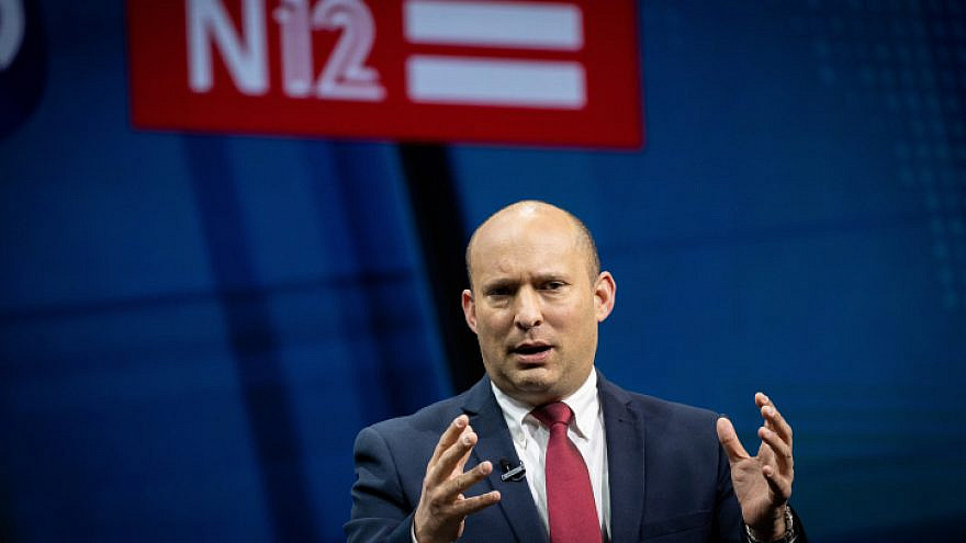 Yamina Party leader Knesset member Naftali Bennett attends a conference of the Israeli Television News Company in Jerusalem on March 7, 2021. Photo by Yonatan Sindel/Flash90.