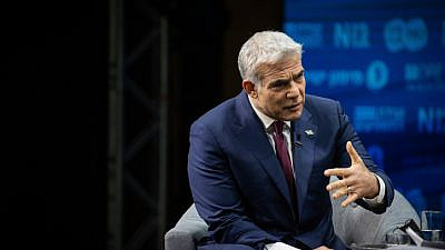 Yesh Atid Party head Yair Lapid attends a conference of the Israeli Television News Company in Jerusalem on March 7, 2021. Photo by Yonatan Sindel/Flash90.