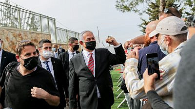 Israeli Prime Minister Benjamin Netanyahu attends a ceremony for a new neighborhood in Kfar Etzion, Gush Etzuib, on March 14, 2021. Photo by Gershon Elinson/Flash90.