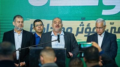 Ra'am leader Mansour Abbas and party members at their headquarters in Tamra on election night, March 23, 2021. Photo by Flash90.