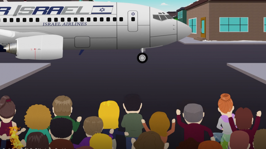 An Israeli plane delivers coronavirus vaccines to residents of the television comedy cartoon “South Park.” Source: Screenshot.