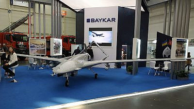 A Turkish Bayraktar TB2 mid-altitude long-endurance (MALE) unmanned aerial vehicle on display at an exhibition in Kiev, Ukraine, Oct. 11, 2019. Credit: Wikimedia Commons.