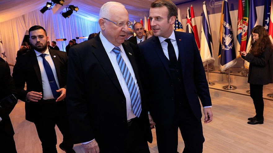 Israeli President Reuven Rivlin with French President Emmanuel Macron at the President's Residence in Jerusalem as Rivlin hosts over 40 world leaders as part of the World Holocaust Forum on January 22, 2020. Photo by Olivier Fitoussi/Flash90.