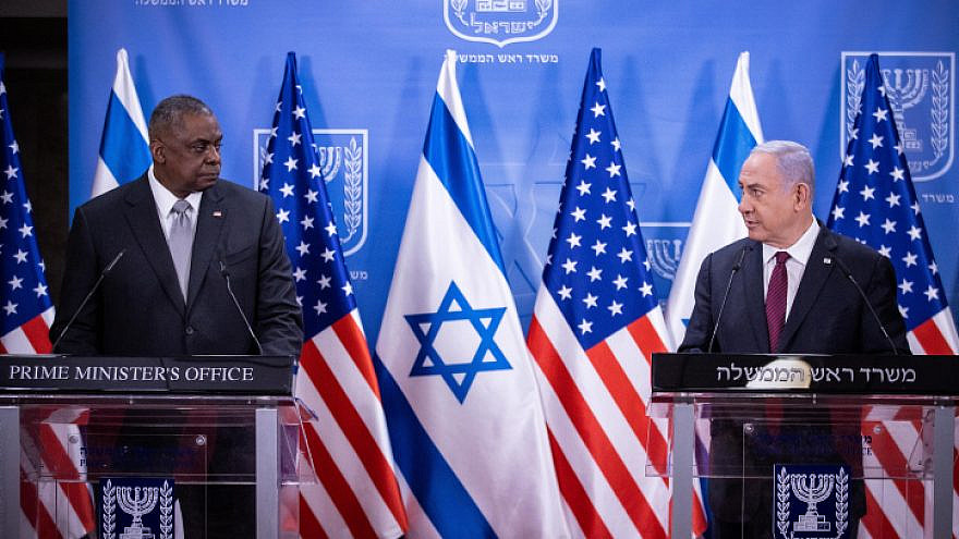 U.S. Secretary of Defense Lloyd Austin and Israeli Prime Minister Benjamin Netanyahu hold a joint press conference at the Prime Minister's office in Jerusalem on April 12, 2021. Photo by Yonatan Sindel/Flash90.