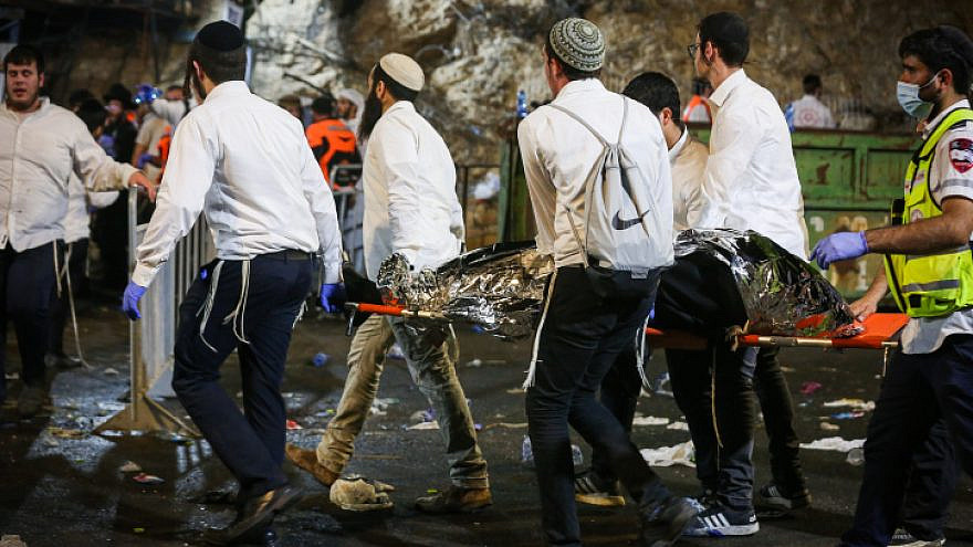 Israeli rescue forces and police at the scene after a mass fatality scene during celebrations of the Jewish holiday of Lag B’Omer in Meron, in northern Israel, on April 30, 2021. Photo by David Cohen/Flash90.