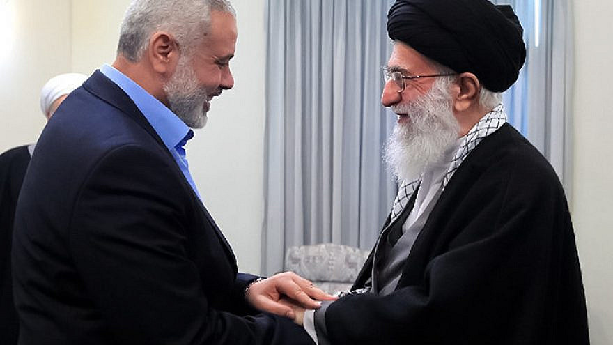 Hamas political chief Ismail Haniyeh (left) with Iran's Supreme Leader Ayatollah Ali Khamenei in Iran in January 2018. Credit: Iran Times via Wikimedia Commons.