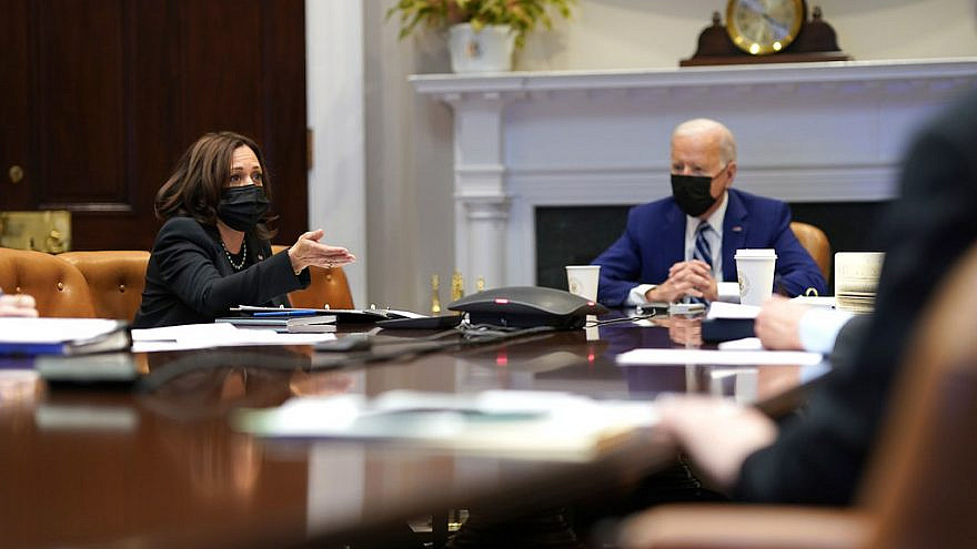 U.S. President Joe Biden and Vice President Kamala Harris in the Roosevelt Room of the White House on March 29, 2021. Credit: Official White House Photo by Lawrence Jackson.