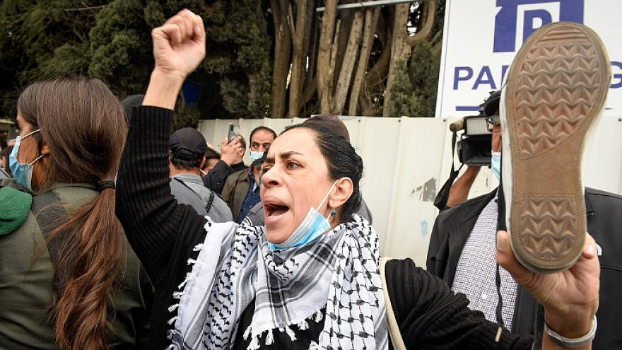 Arab Israelis protest against the visit of Israeli Prime Minister Benjamin Netanyahu in Nazareth, Jan. 13, 2021. Photo by Roni Ofer/Flash90.