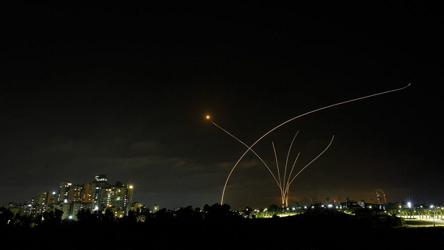 A long-exposure shot shows the Iron Dome air-defense system intercepting missiles launched from Hamas in the Gaza Strip towards Israel, as seen from the southern Israeli city of Ashkelon on May 10, 2021. Photo by Edi Israel/Flash90.