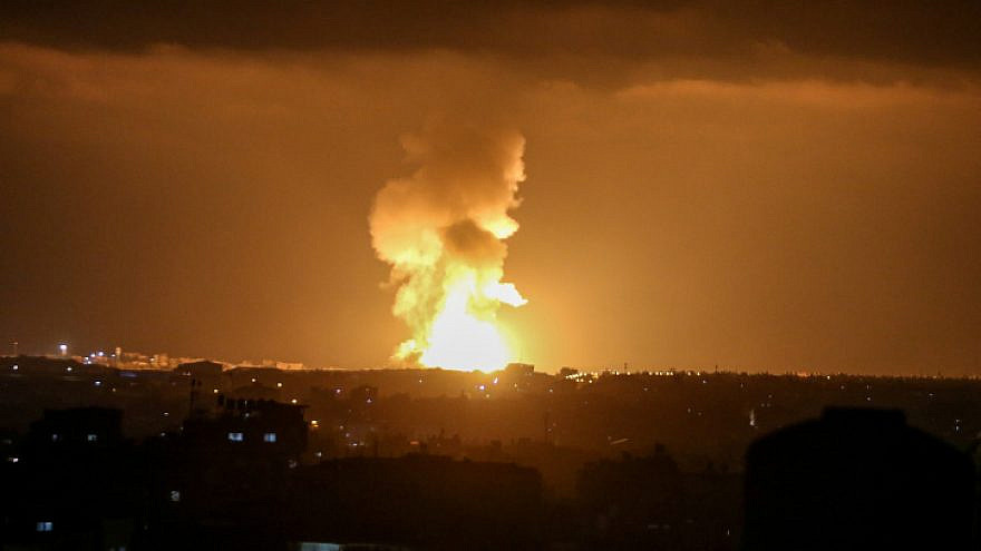 A ball of fire and smoke rises during Israeli airstrikes in Rafah, in the southern Gaza Strip, on May 10, 2021. Photo by Abed Rahim Khatib/Flash90.