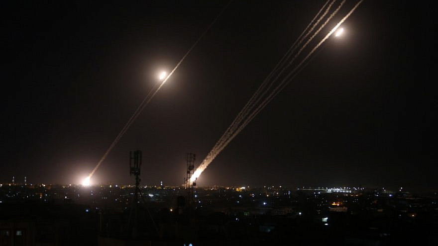 Rockets are launched towards Israel from Rafah, in the southern Gaza Strip, early on May 12, 2021. Photo by Abed Rahim Khatib/Flash90.
