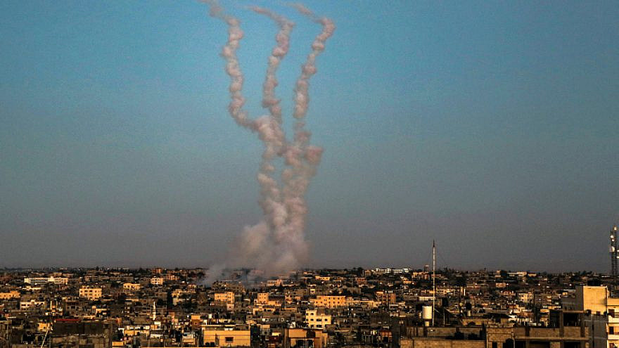 Rockets are launched towards Israel, as seen from Rafah in the southern Gaza Strip, on May 14, 2021. Photo by Abed Rahim Khatib/Flash90.