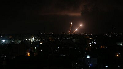 Rockets being fired by Hamas at Israel, as seen from Rafah in the southern Gaza Strip, May 21, 2021. Photo by Abed Rahim Khatib/Flash90.