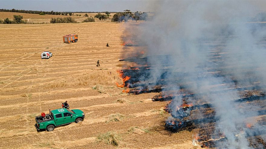 Incendiary devices launched by Hamas in the Gaza Strip have started fires in border communities in souther Israel, May 10, 2021. Credit: Amnon Ziv, Courtesy JNF-USA.