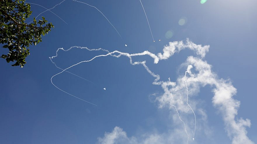 The Iron Dome air-defense system fires interception missiles as rockets continued to be launched from the Gaza Strip towards the southern Israeli city of Ashkelon, May 19, 2021. Photo by Olivier Fitoussi/Flash90.