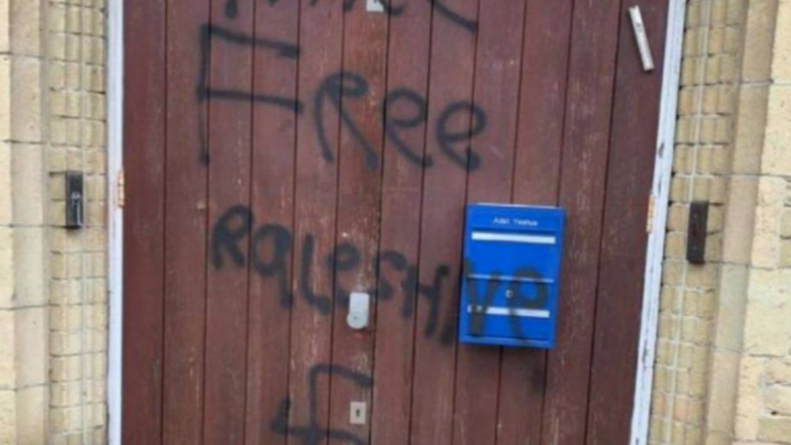 A photo of a synagogue in Norwich, England, circulating online shows a swastika along with the word “ki** and “Free Palestine.” Source: Screenshot.