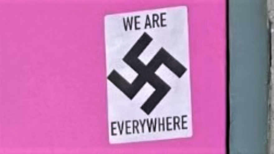 Swastika stickers found on the Alaska Jewish Museum and “Mad Myrna’s” bar on May 26, 2021. Credit: Anchorage Police Department.