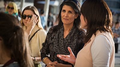 Then-U.S. Ambassador to the United Nations Nikki Haley visits the Western Wall, Judaism's holiest site, in Jerusalem's Old City, on June 7, 2017. Photo by Hadas Parush/Flash90.