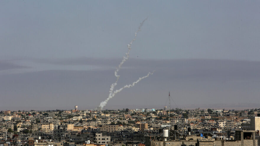 This picture shows rockets being fired by Hamas toward Israel from the city of Rafah, in the southern Gaza Strip, on May 20, 2021. Photo by Abed Rahim Khatib/Flash90.