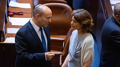 Yamina Party leader Naftali Bennett and Meretz Knesset member Tamar Zandberg in the Knesset on June 2, 2021. Photo by Olivier Fitoussi/Flash90.