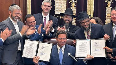 Florida Gov. Ron DeSantis signed legislation that adds funding for Jewish causes and supports Hatzalah emergency-service workers, June 17, 2021. Source: Twitter/Hatzalah of South Florida.