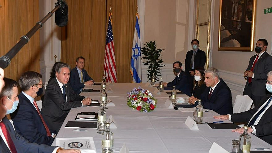 U.S. Secretary of State Antony Blinken (center left) with Israeli Foreign Minister Yair Lapid (center right) in Rome on June 27, 2021. Credit: Stefano Meloni/Spokesperson's Bureau at the Israeli embassy in Rome.