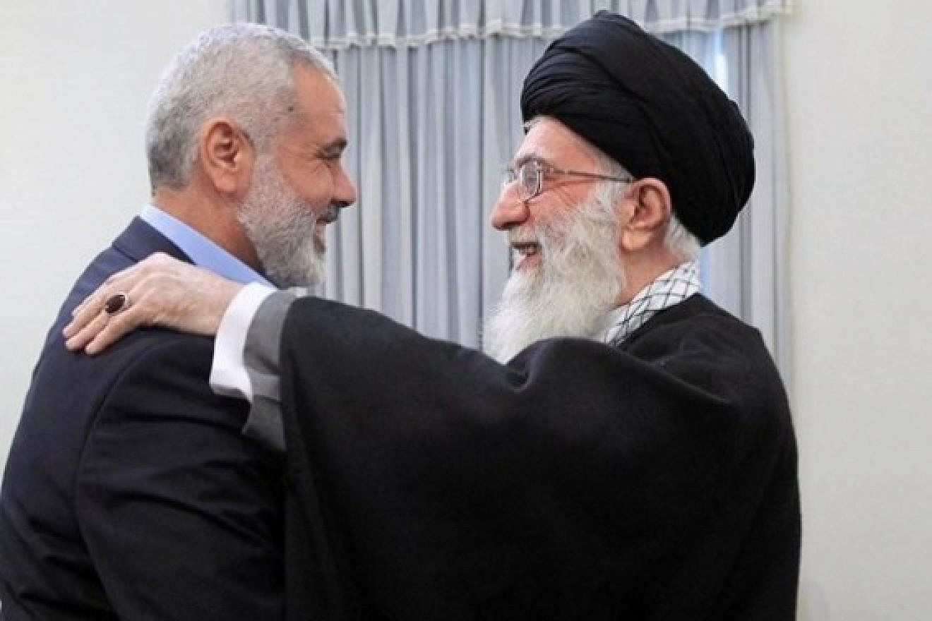 Iran’s Supreme Leader Ali Khamenei (right) embraces Hamas leader Ismail Haniyeh. Source: Khamenei's Twitter account, posted May 24, 2021.