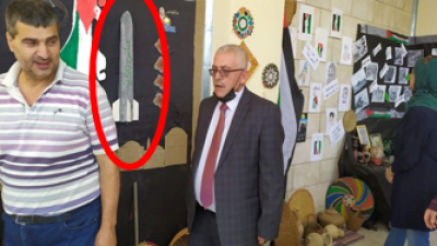 An exhibit in the Palestinian Authority displaying a picture of a Hamas rocket. Source: PMW via Facebook/Nablus Branch of Fatah, June 14, 2021.