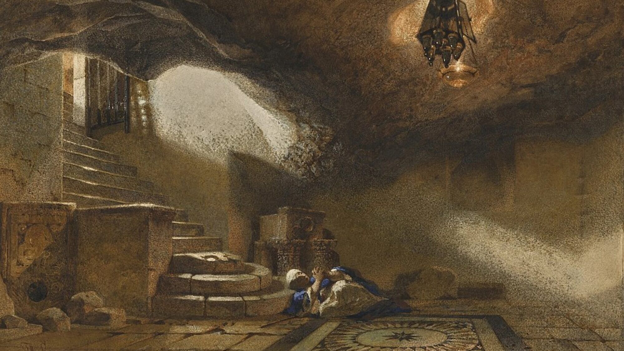 "The Cave Beneath the Holy Rock, Jerusalem" by Carl Haag, 1859. Pencil and watercolor on paper. Credit: Wikimedia Commons.