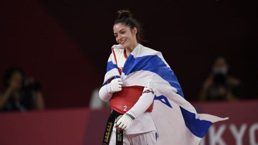 Avishag Semberg, 19, celebrates her bronze medal win at the Tokyo Summer Olympics, July 24, 2021. Photo by Amit Shissel/Israeli Olympic Committee.