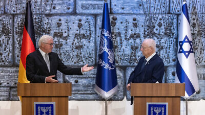 German President Frank-Walter Steinmeier meets with Israeli President Reuven Rivlin at the President's Residence in Jerusalem on July 1, 2021. Photo by Olivier Fitoussi/Flash90.