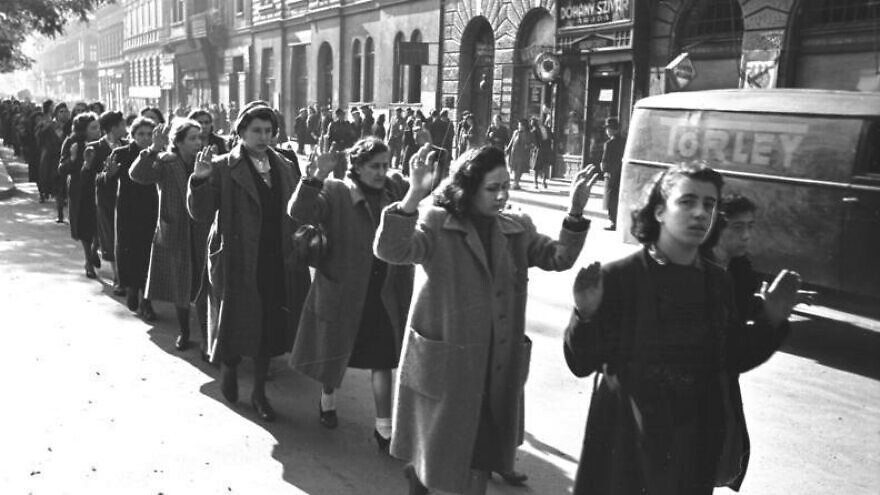 Jewish women being arrested on Wesselényi Street in Budapest, Hungary, during the Holocaust, October 20-22, 1944. Credit: German Federal Archives via Wikimedia Commons.