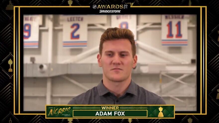 New York Rangers Adam Fox receiving the Norris Trophy. Source: Screenshot.