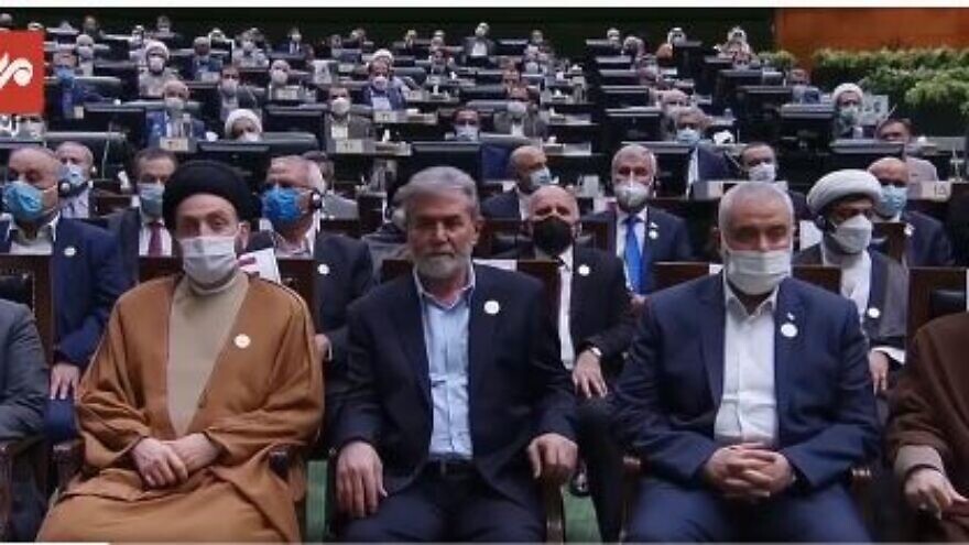 Guests attending the swearing-in ceremony of Iranian President Ebrahim Raisi. The front row includes representatives of terrorist organizations, such as Naim Qassem, deputy head of Hezbollah, Hamas Politburo chief Ismail Haniyeh and Ziad Nakhla, leader of Palestinian Islamic Jihad. Aug. 5, 2021. Source: Twitter.