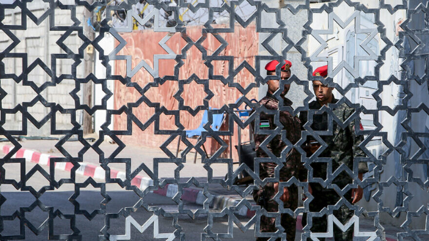 Palestinian security forces on guard at the closed Rafah border crossing to Egypt in the southern Gaza Strip, Aug. 23, 2021. Photo by Abed Rahim Khatib/Flash90.