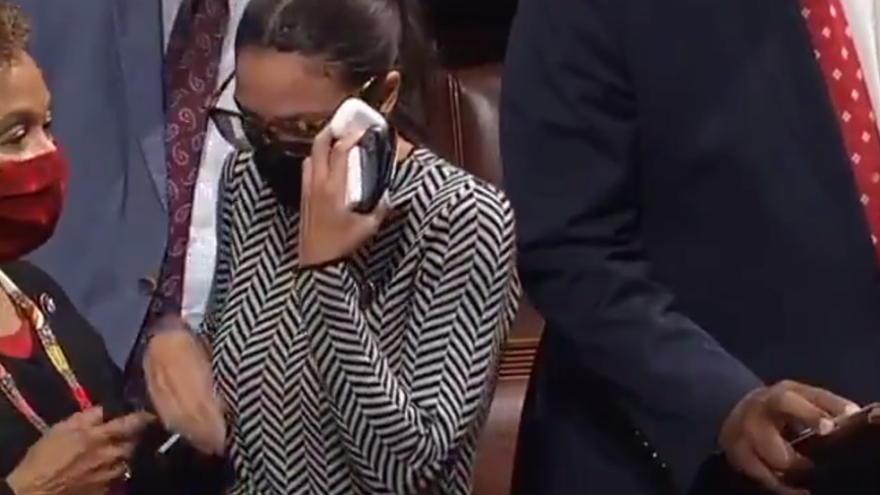 Rep. Alexandria Ocasio-Cortez (D-N.Y.) on the floor of the U.S. House of Representatives after a vote on Israel's Iron Dome funding, September 2021. Source: Screenshot.