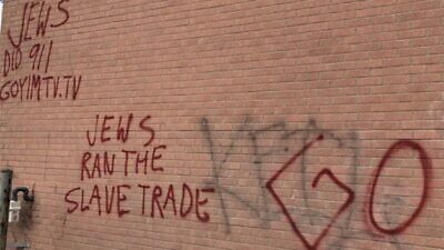 Graffiti claiming that Jews were responsible for the 9/11 attacks on a building in Toronto, Sept. 2021. Source: Screenshot.