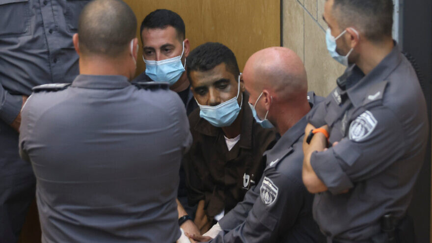 Palestinian terrorist Zakaria Zubeidi, one of recaptured escapees from the Gilboa Prison, arrives for a hearing at the District Court in Nazareth, on Sept. 11, 2021. Photo by David Cohen/Flash90.