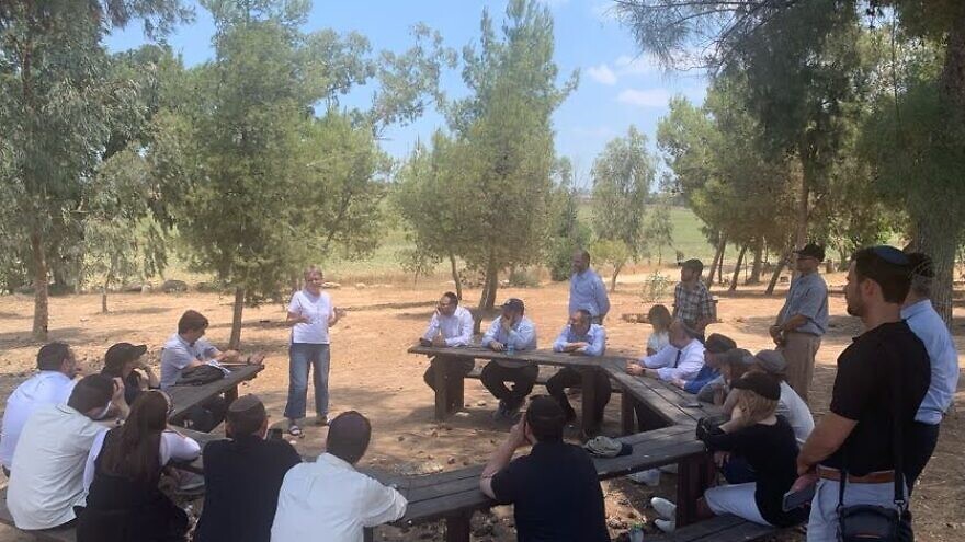 Dr. Leah Goldin, mother of fallen Israeli Defense Forces Lt. Hadar Goldin, meets with participants of the RZA Communal Leadership Mission to Israel in July 2021. Courtesy: Religious Zionists of America-Mizrachi (RZA)