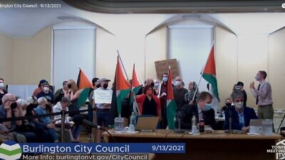 Pro-Palestinian supports and Jewish residents and organizations gather at a City Council meeting in Burlington, Vt., which put a measure to boycott Israel up for consideration, Sept. 13, 2021. Source: Screenshot.
