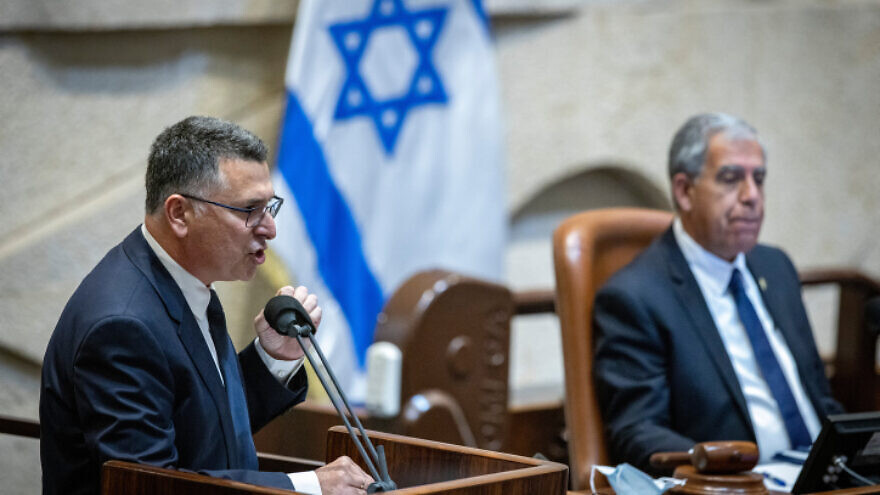 Israeli Justice Minister Gideon Saar speaks during a memorial ceremony marking 26 years since the assassination of former Israeli Prime Minister Yitzhak Rabin, at the Knesset, Oct. 18, 2021. Photo by Olivier Fitoussi/Flash90.