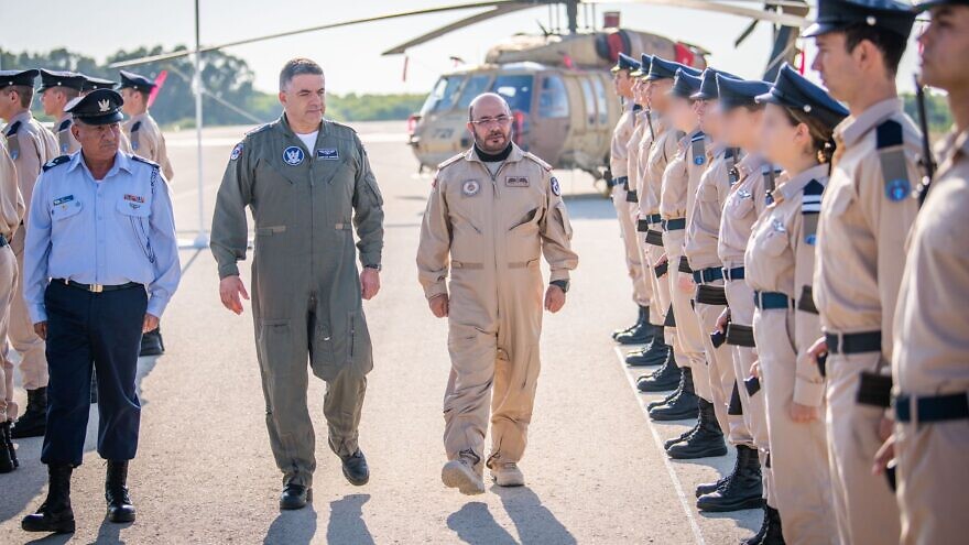 United Arab Emirates Air Force Commander Maj. Gen. Al Alawi was welcomed to Israel by Israeli Air Force Commander Maj. Gen. Amikam Norkin. Credit: IDF Spokesperson's Unit.