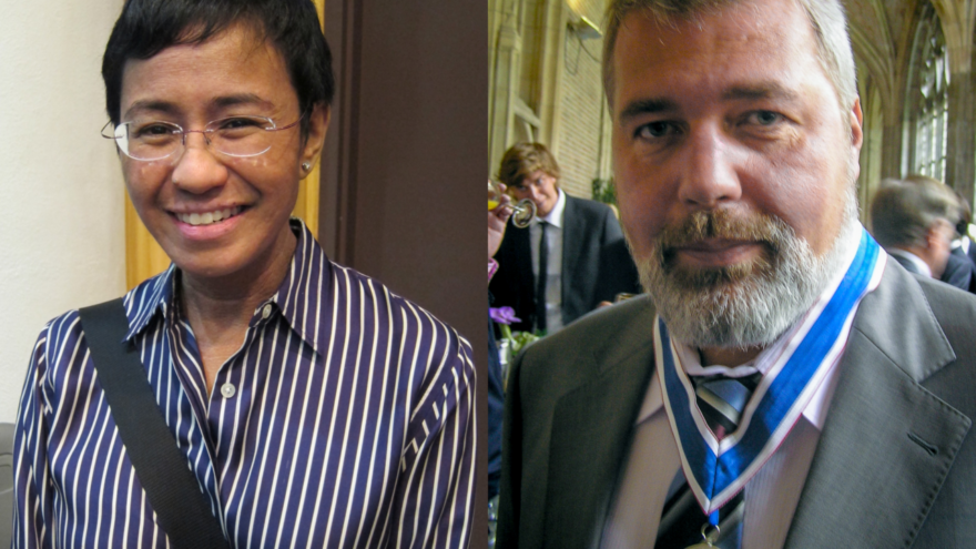 Journalists Maria Ressa (left) and Dmitry Muratov, winners of the 2021 Nobel Peace Prize, Oct. 10, 2021. Credit: Wikipedia.
