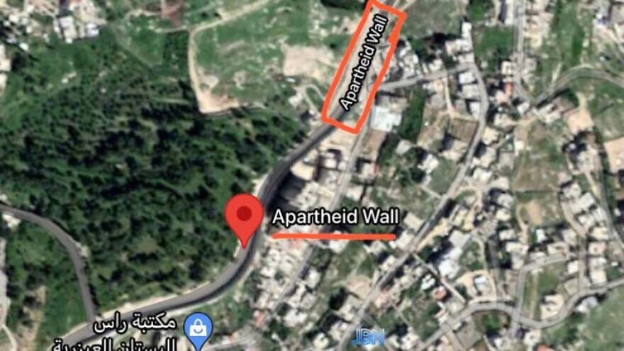 A screenshot of Google Maps displayed the “Apartheid Wall” near Jerusalem. Source: Screenshot.