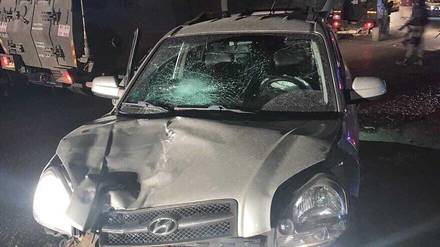 The vehicle used in a suspected terrorist attack near Qalandiya checkpoint in Judea and Samaria, Oct. 14, 2021. Credit: Israel Police Spokesman.