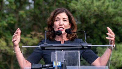 New York Gov. Kathy Hochul speaks at a “Westchester Stands United Against Anti-Semitism and Hate” rally at the Jewish Community Center of Mid-Westchester, N.Y.,  June 7, 2021. Credit: Lev Radin/Shutterstock.