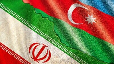 A 3D illustration of flags pertaining to the Iran and Azerbaijan relationship in crisis. Credit: Open Art/Shutterstock.