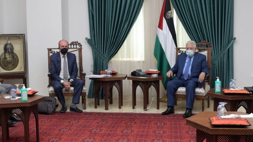 Palestinian Authority leader Mahmoud Abbas receives U.S. envoy Hady Amr and his delegation at his office in Ramallah, on Oct. 4, 2021. Credit: WAFA Images/Thayer Ghanayem.