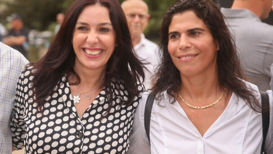 Former Israeli judoka Yael Arad (right) poses with Israeli Culture and Sports Minister Miri Regev outside the 43rd memorial service for the 1972 Munich Massacre in Tel Aviv on Sept. 9, 2015. Photo by Flash90.