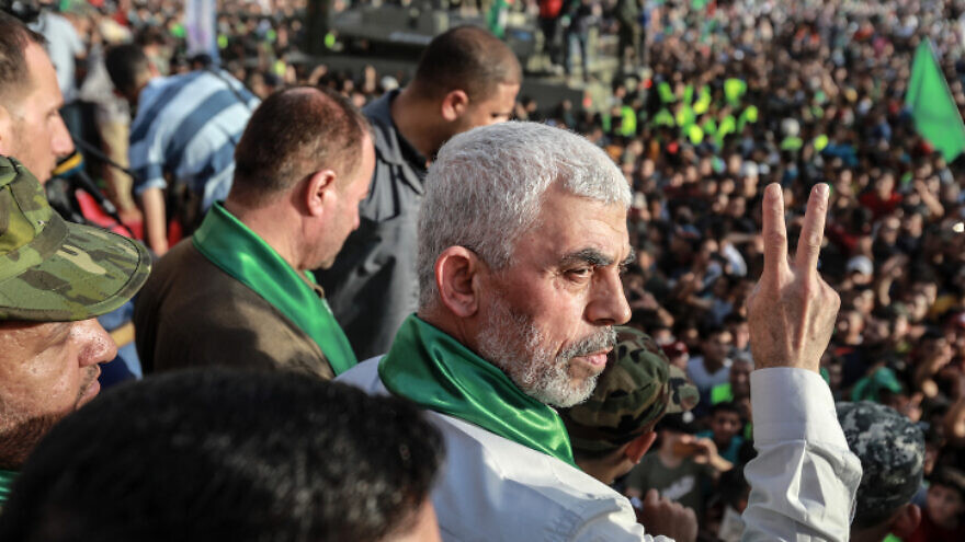 Yahya Sinwar, leader of the Palestinian Hamas movement, gestures during a rally  in Beit Lahiya on May 30, 2021. Photo by Atia Mohammed/Flash90.